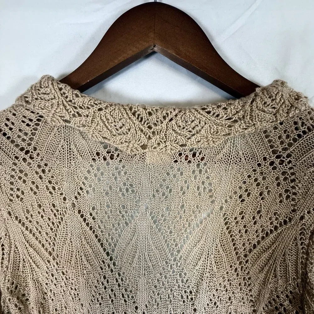 VTG Y2k Crochet Open Knit Tie Front Cardigan Wrapper SIZE MEDIUM Tan USA Ruffle - Picture 10 of 12
